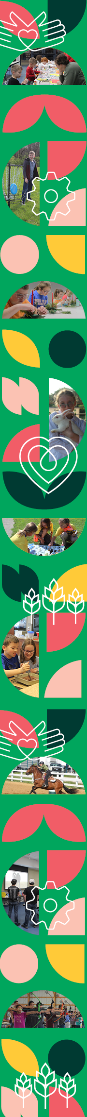Decorate banner highlighting images from various 4-H programs at Boone County mixed into a colorful and geometric pattern. Icons indicating the 4 pillars of 4-H (Civic Engagement, STEM, Healthy Living, and Agriculture) overlay the pattern. 