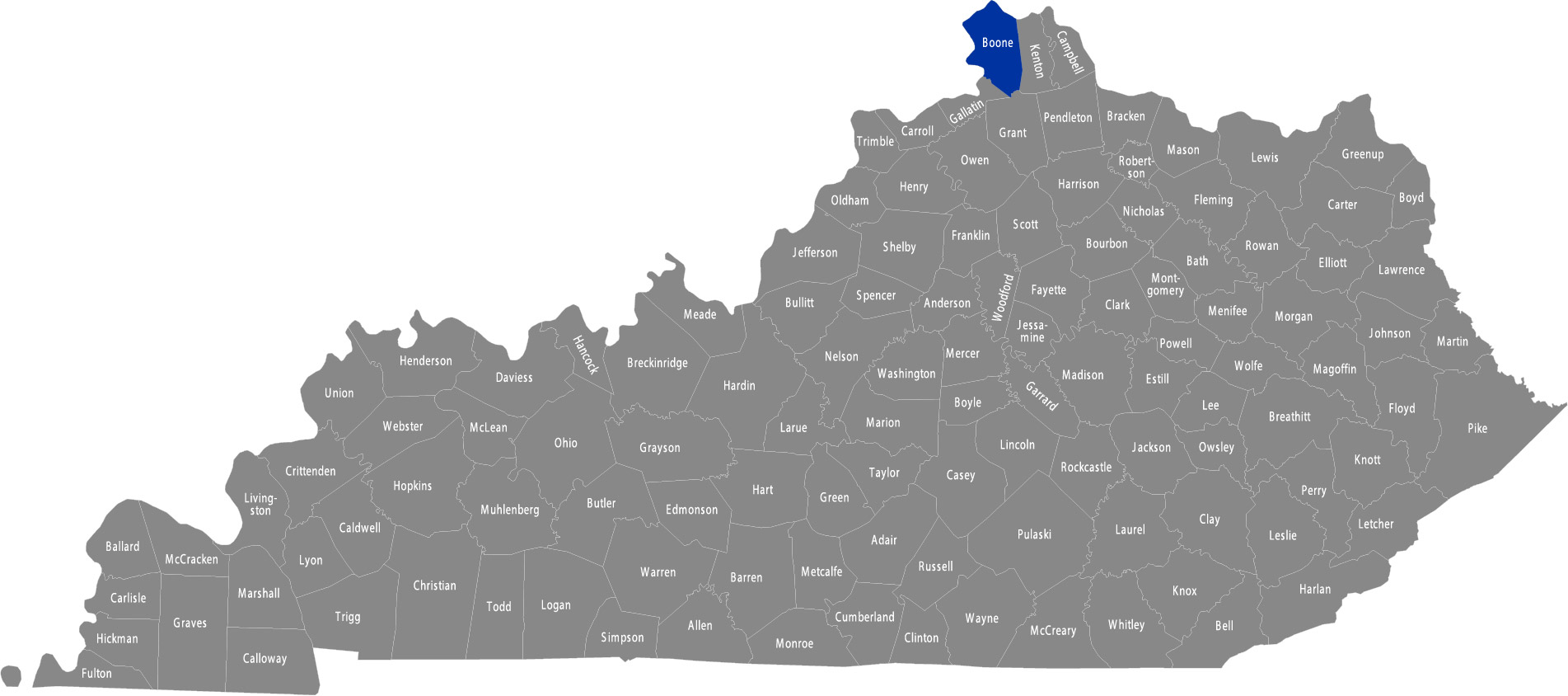 State of Kentucky map with Boone County highlighted